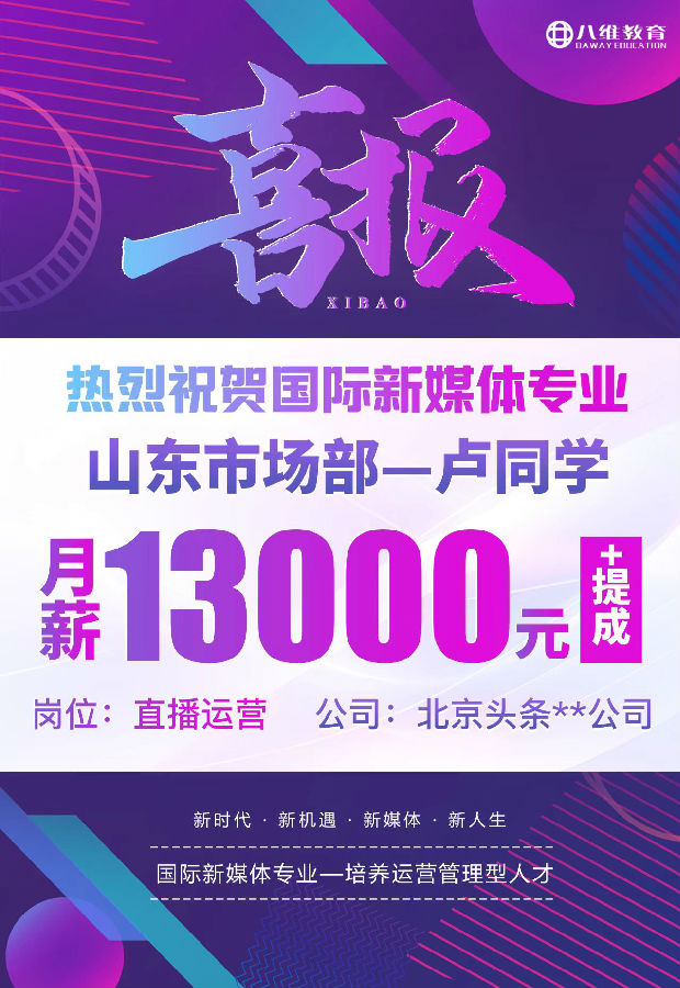 八维职业学校国际新媒体近期就业喜报来袭